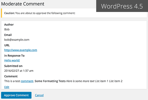 在即将到来的WordPress 4.5中度评论屏幕