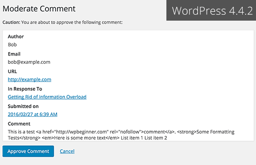 在WordPress的4.4.2中度评论屏幕