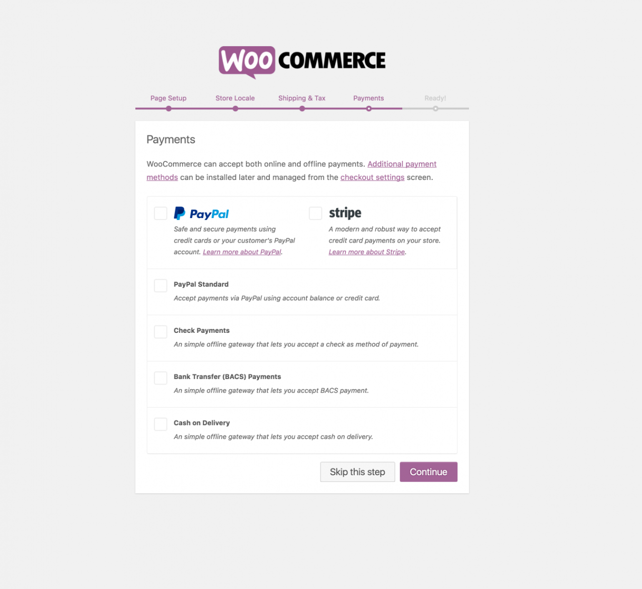 新的付款选项现在呈现在WooCommerce职向导。